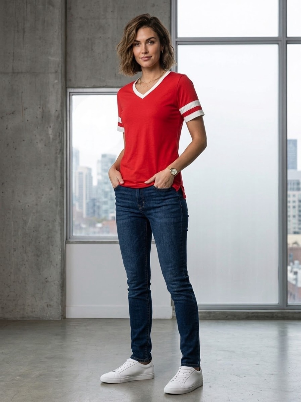 SHEIN Red V-Neck Short Sleeve Tee with White Trim and Sleeve Stripes
